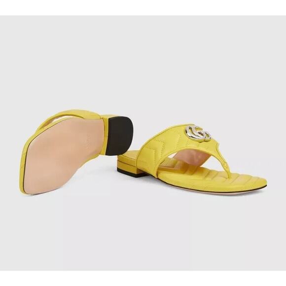 Gucci Marmont Chevron Double G 37/ US 7 Thong Sandals Lime Yellow Leather NIB - Picture 5 of 13